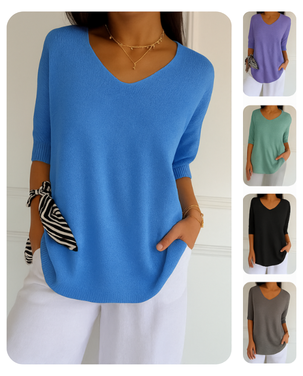 Kit 3 Blusas Luna® em Malha Leve – Decote V